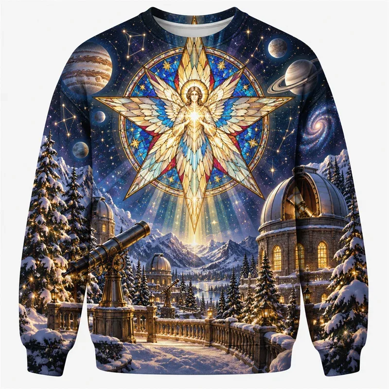 Christmas Fantasy Sweatshirt Train Castle Carousel Angel Polar Bear Crewneck Xmas Pullover Holiday Party Streetwear Gift Top