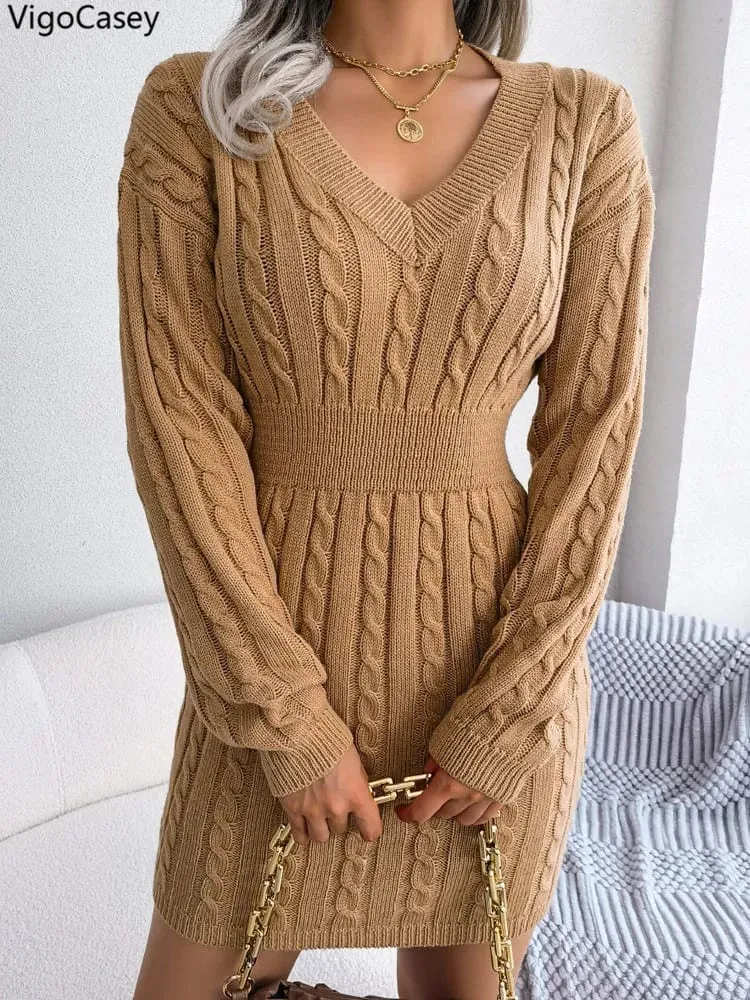 VigoCasey 2026 V Neck Casual Short Knit Dress Autumn Winter Women Solid Long Sleeve Dress Lady Khaki Bodycon Knitted Dresses
