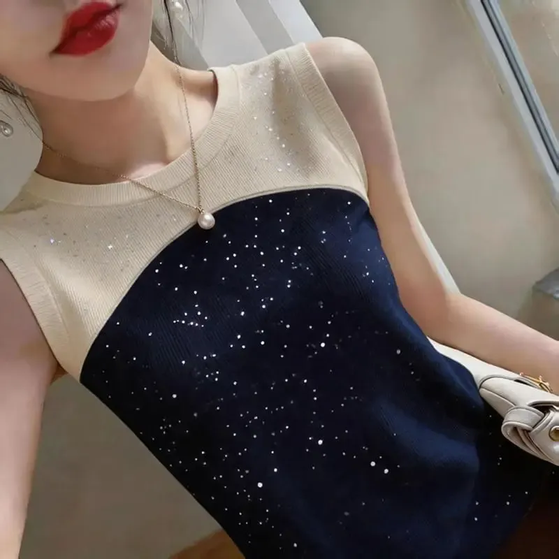 Sleeveless O-neck Contrast Patchwork Plus Size Elegant Tanks Summer Ice Silk Slim Vintage T Shirts Fashion Trend Women Clothing