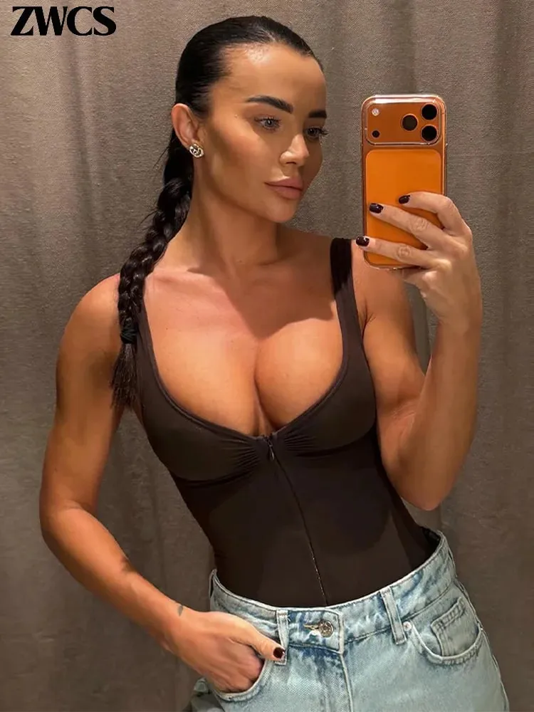 Sexy Tight Corsets Bodysuit For Women Deep V-neck Zippers Sleeveless Slimming Underwear 2026 New Lady Solid Backless Rompers