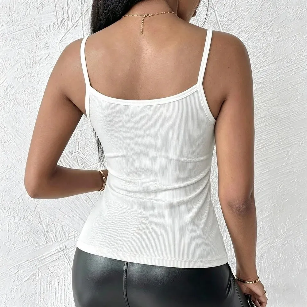 Solid Color Lace Tank Tops Ribbed Texture V Neck Design Ribbed Camisole Y2k Style Elastic Fabric Elastic Tank Tops For Women