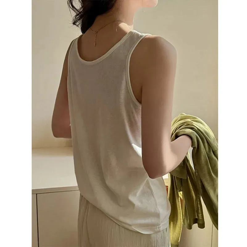 2026 New Women Summer Casual Tank Tops Solid Color All-Match Basic Sleeveless Vest Female Korean Simple Loose O-Neck Camis Top