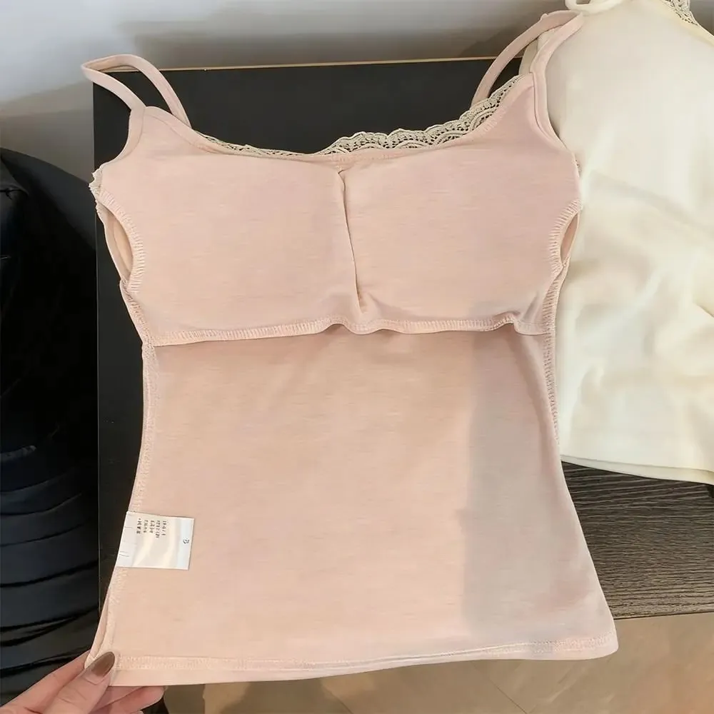 Fashion with Chest Pad Camis Tank Tops Integrated Top Versatile Lace Tops Elastic Slim Vest Women Clothes