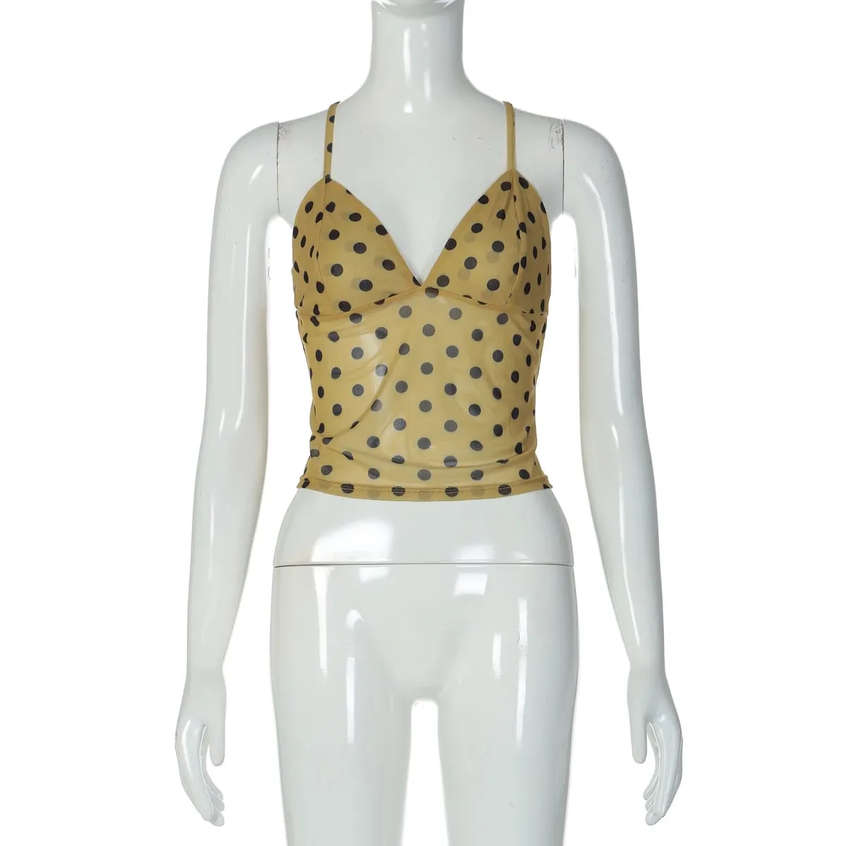 Hugcitar Spot Print V Neck Slips Backless Lace Up Sexy See Through Slim Crop Tank Top Women Fashion Outfit Vacation Party Club