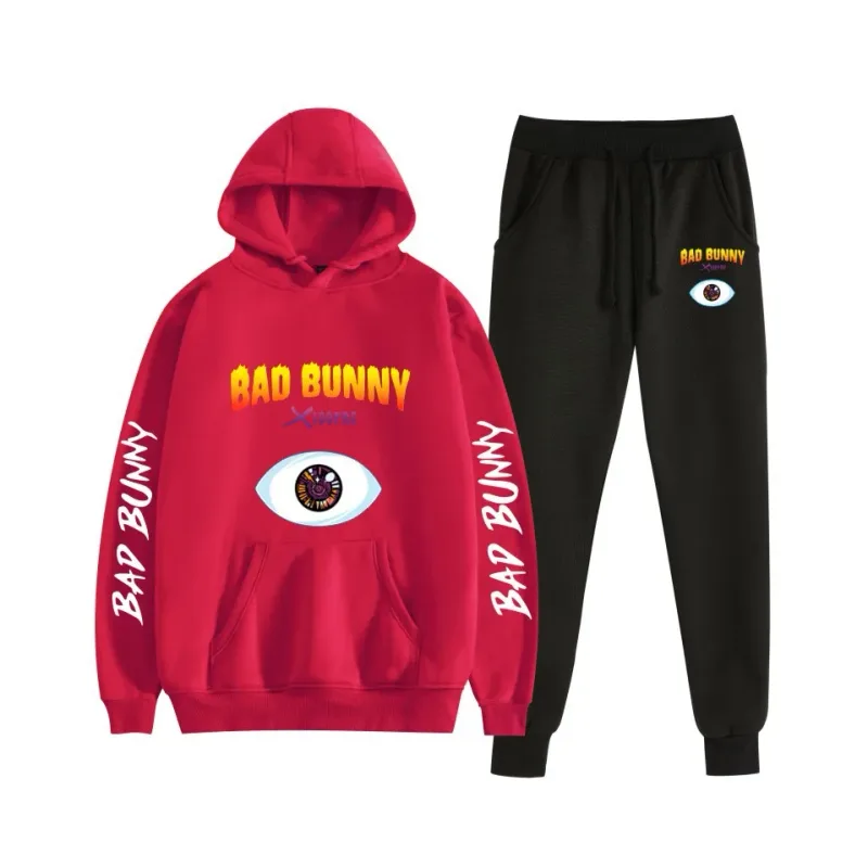 Harajuku Comfortable bad bunny Print Sweatshirt Sweatpants Suit Women's Hoodies+ Trousers Suit Boys/Girls 2 Piece Set Clothes