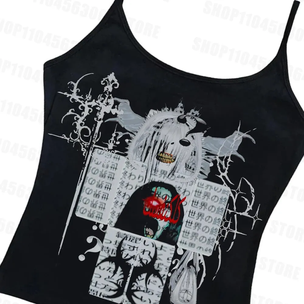 Y2K cut top retro sleeveless vest Gothic Harajuku print cut top punk streetwear aesthetic Emo girl