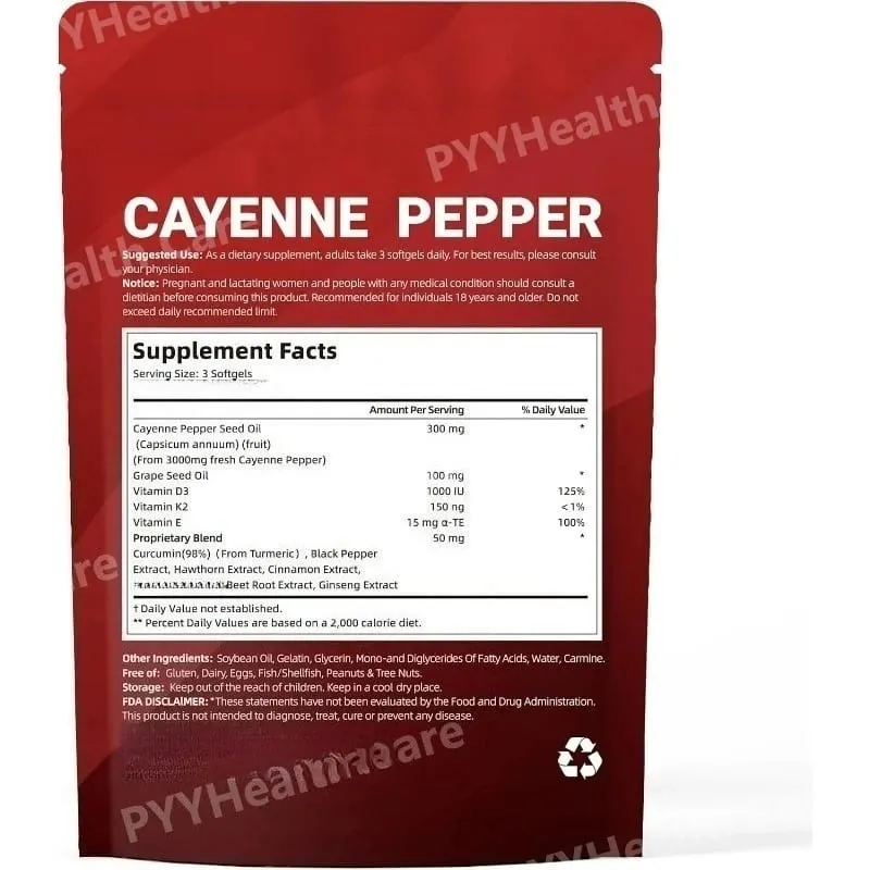 Gélules de poivre de Cayenne avec pépins de raisin, betterave, curcuma, vitamines D3 K2 E, supplément à base de plantes