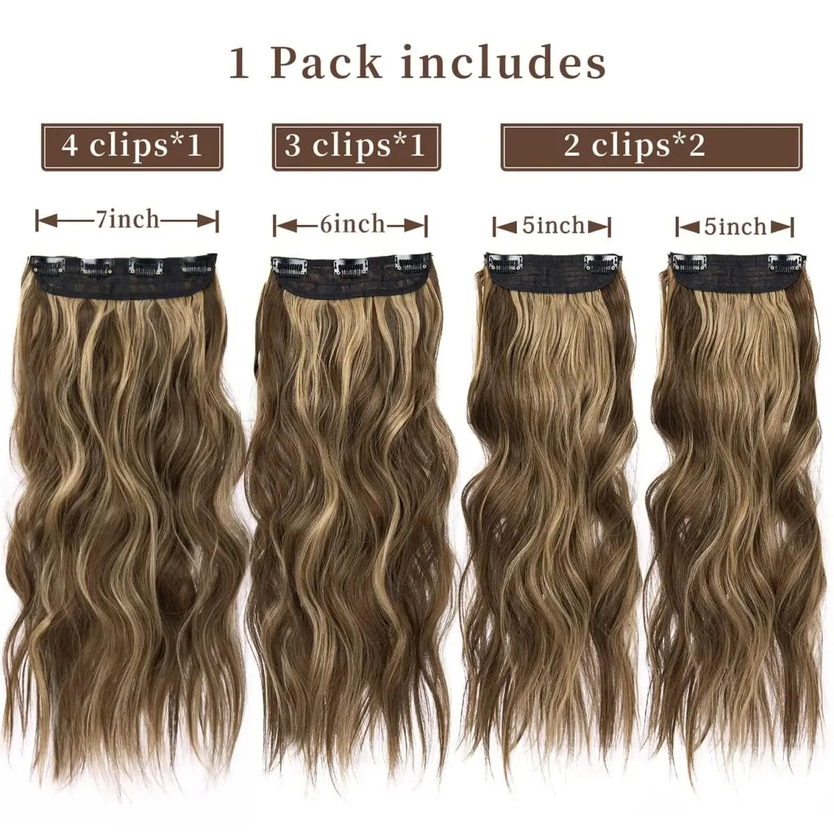 4PCS/Set Clip-in Hair Extensions 20inches Long Water Wavy Synthetic Hair Extensions Thick Hairpieces Fake Hair for Women Girls