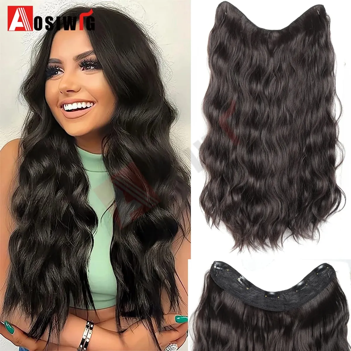 20Inch Synthetic Long Wavy Curly 5 Clip in Hair Extension Fashion Invisible V-shaped Heat Resistant Black Hairpiece for Women