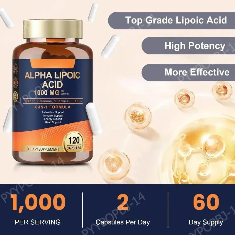 Alpha Lipoic Acid 6-in-1 Formula 1000mg Turmeric Selenium Vitamins C E B12 120 Veggie Capsules for Daily Wellness Support