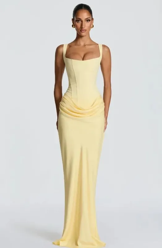 Women Pleated Sleeveless Maxi Dress Summer Solid Slim Fit Square Neck Corset Style Dresses Flady Fashion Evening Party Gowns