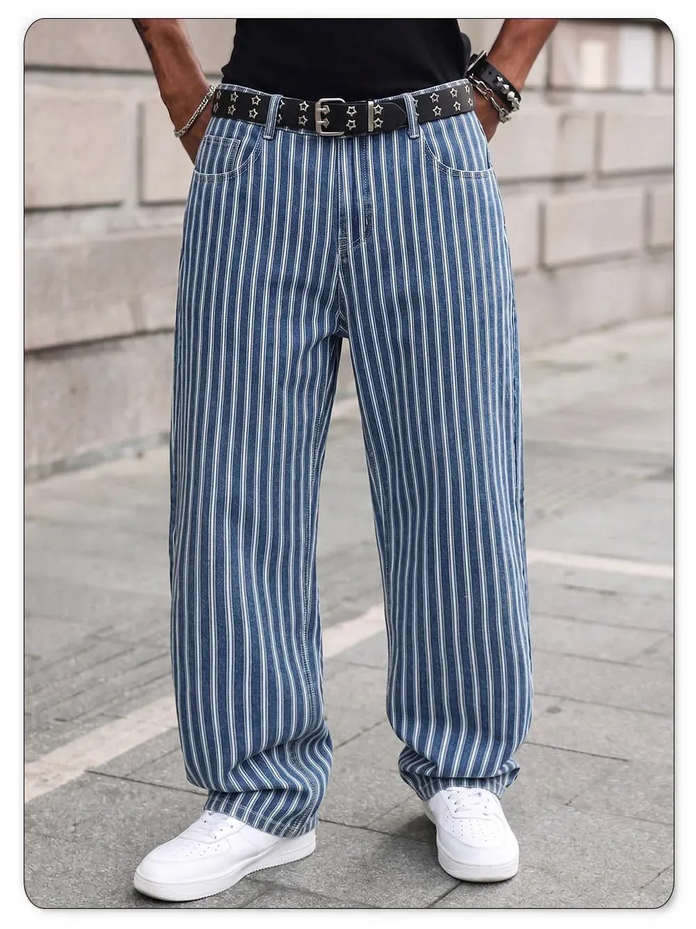 Men's Blue White Striped Jacquard Straight Leg Jeans Baggy Casual Pants Suitable for Work and Leisure Without Elasticity