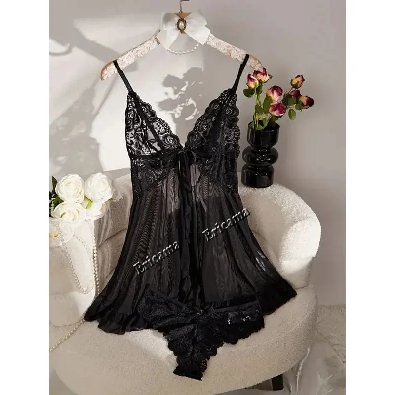 Women Lace Lingerie Set Solid Soft Slim Bra Nightdress Sexy Sleepwear For Women — image 4