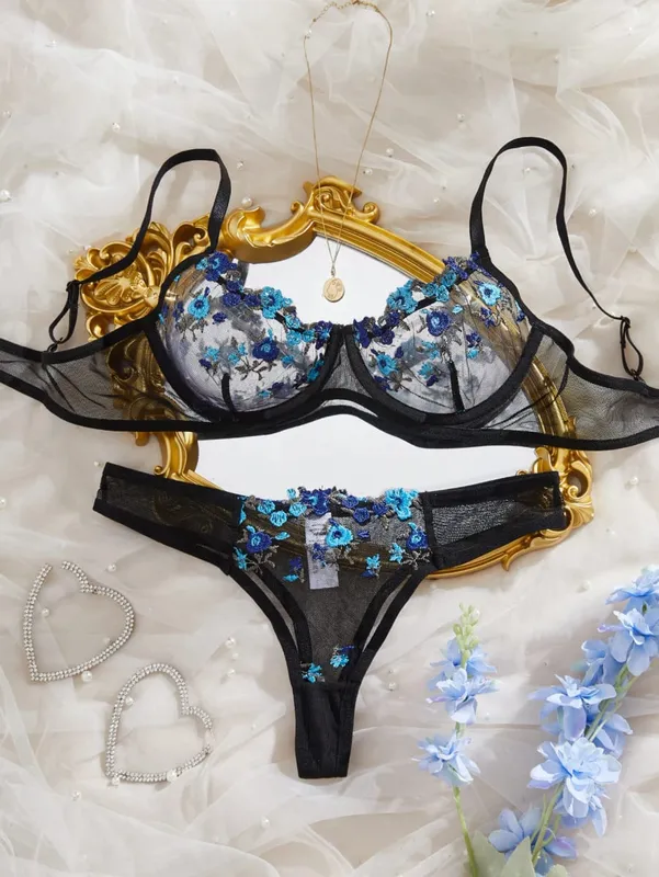 Fairy Yellow Lingerie Women Transparent Bralette 2 Piece Underwear Sets Floral Embroidery Bra Panty And Panty Set