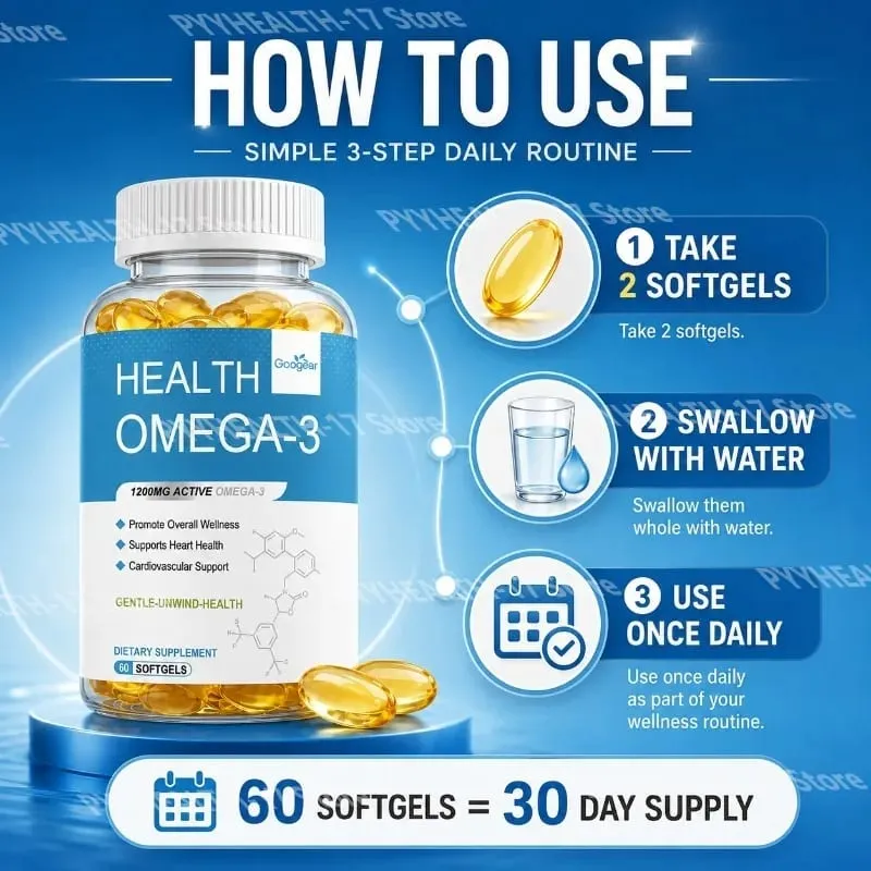 Omega-3 Softgels with 1200 Mg Active Omega-3 EPA and DHA Vitamin D3 and Vitamin E for Heart Health Support 60 Softgels