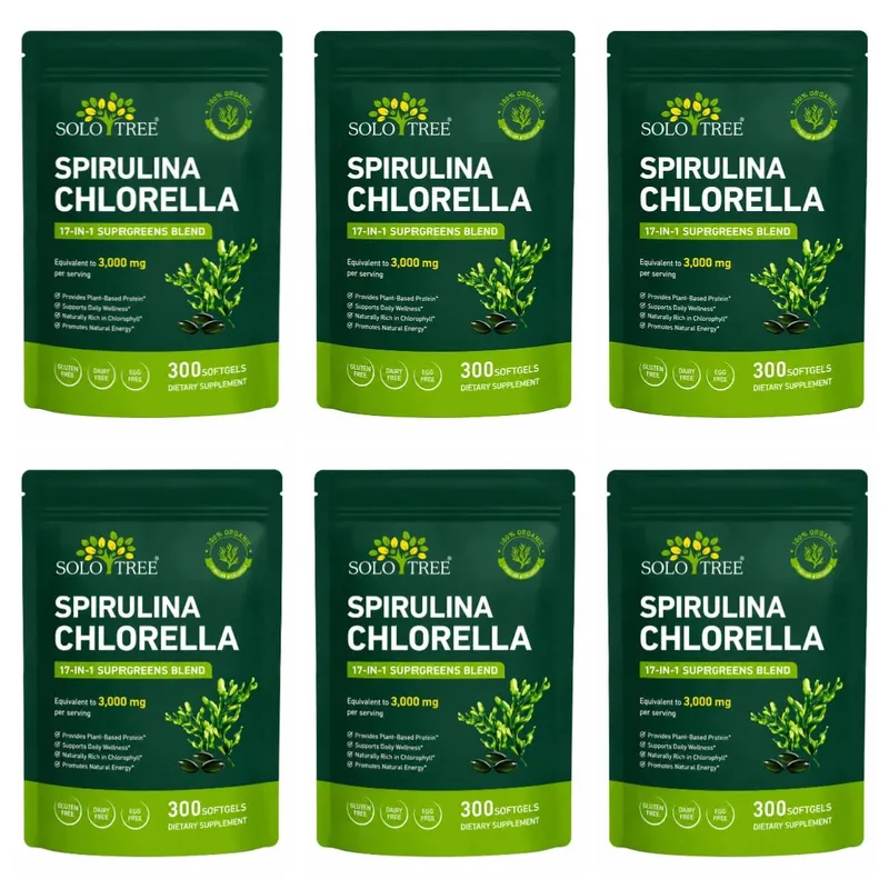 Solo Tree Spirulina Chlorella Softgels with Organic Microalgae Vitamin B6 B12 Digestive Balance & Immune Support 300 Softgels
