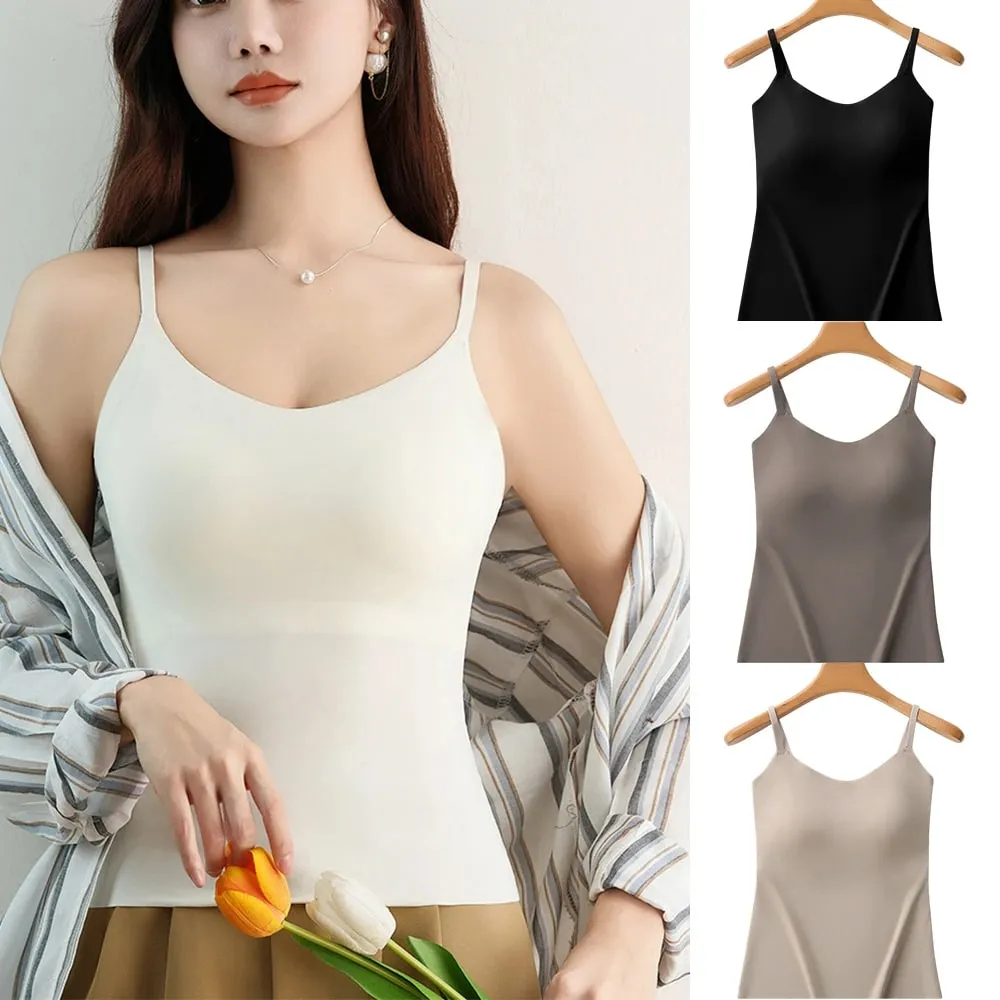 M-XL Summer Ice Silk Camisole Top With Build-in Bra Women Plus Size Long-Length Tank Tops One-Piece Slimming Tanks Bra Underwear
