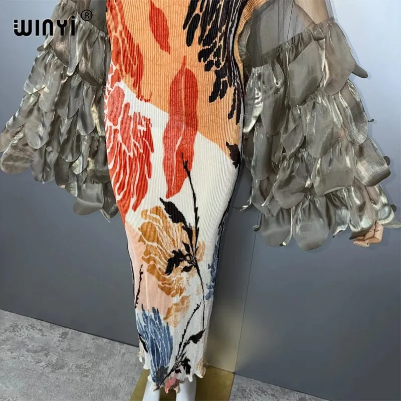 Elastic Slim Pleated Dress Beach Cover Up Boho Kaftan Abaya Dubai Luxury Party Dress Long Down Muslim Woman Evening Dress