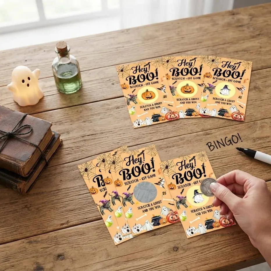 50 Halloween scratch cards Google Head Witch themed cards Halloween party games scratch to win and receive a surprise.
