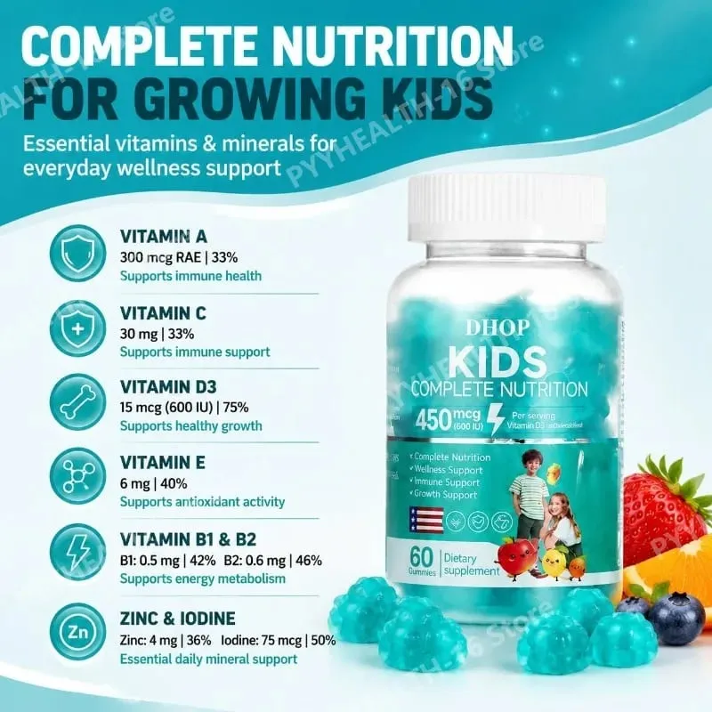 Kids Multivitamin Gummies Vitamin D3 C Zinc B Vitamins Immune Support Daily Wellness Nutrition Fruit Flavor 60 Gummies
