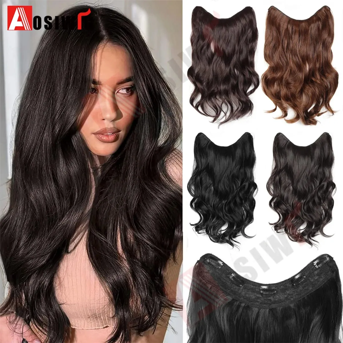 20Inch Synthetic Long Wavy Curly 5 Clip in Hair Extension Fashion Invisible V-shaped Heat Resistant Black Hairpiece for Women