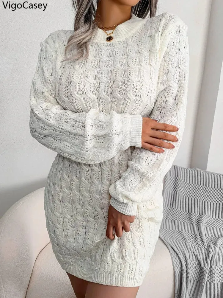 VigoCasey 2026 Autumn Winter Casual Knit Dress Women Solid Long Sleeve Short Dress Lady White O Neck Bodycon Knitted Dresses