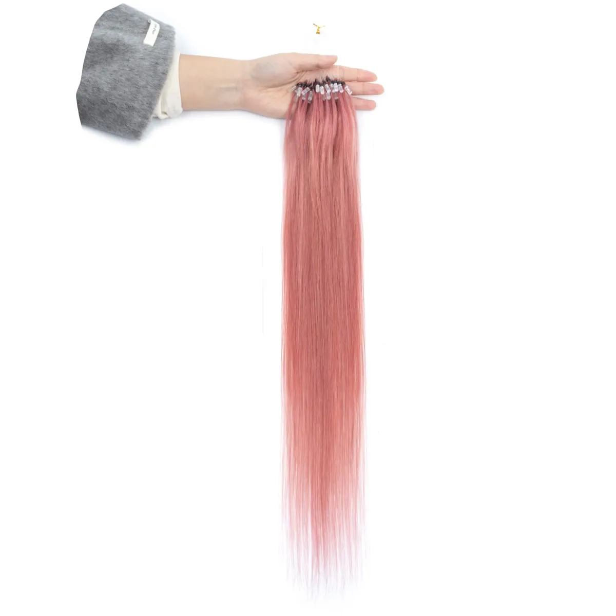Colored Micro Link Hair Extensions Human Hair No Glue Virgin Human Hair for Women Girls 50 Strands Colorful 30G Gray