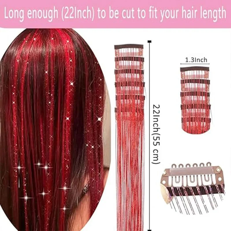 Red Hair Tinsel 12Pcs Clip in Hair Tinsel Kit 22Inch Tinsel Hair Extensions Christmas Hair Tinsel Party Festival Accessories