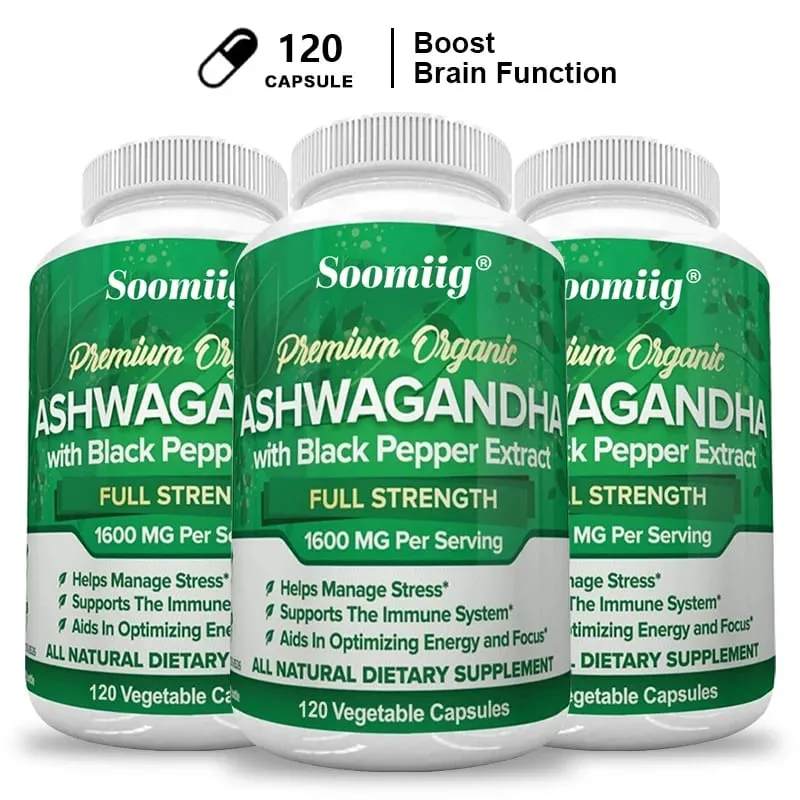 Ashwagandha Root Extract Capsules 1600mg with Black Pepper Stress Relief Brain Clarity Focus Energy & Sleep Health Support