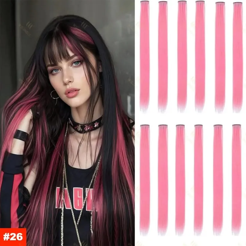 1 5 11 Pcs/lot Clip in Hair Extensions Multi-Colors Highlights Synthetic Hair 22 inch Rainbow Hairpieces for Girls Women 2030