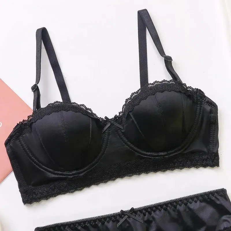Luxury French Minimizer Bra Satin Lace Thin Cup Soft Underwire Uplift Centering Anti-Sagging Solid Comfort Support Elegant Women