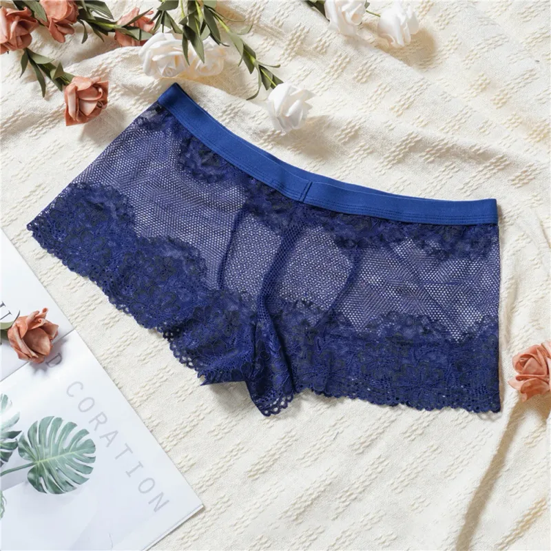 Men Lace Jacquard Mesh Boxer Shorts Underwear Hollow Temptation Exotic Trunks Silk Soft Quick Dry Breathable Sexy Panties