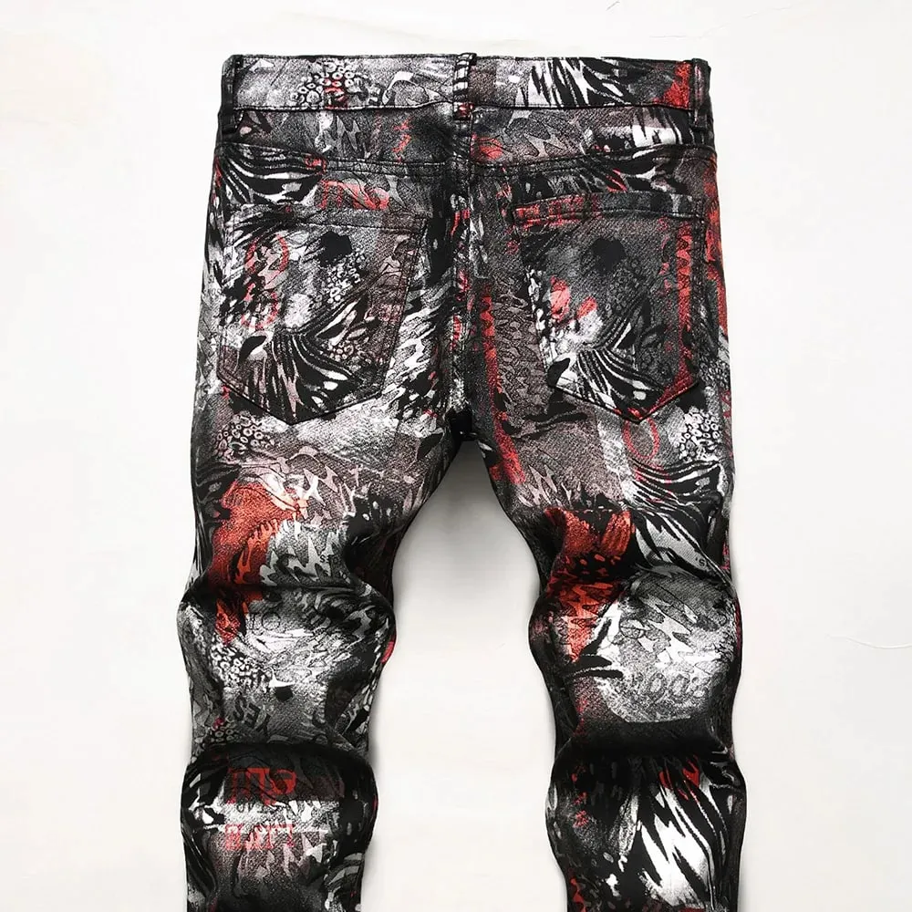 Men Coated Denim Jeans Fashion Shinny Leopard Abstract Pattern Printed Pants Slim Tapered Trousers