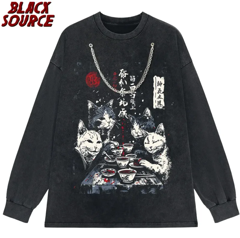 T126 Funny Cat Graphic Hoodie, Japanese Cat Printed Pullover Sweatshirt, Men's Women's Harajuku Casual Streetwear — image 9