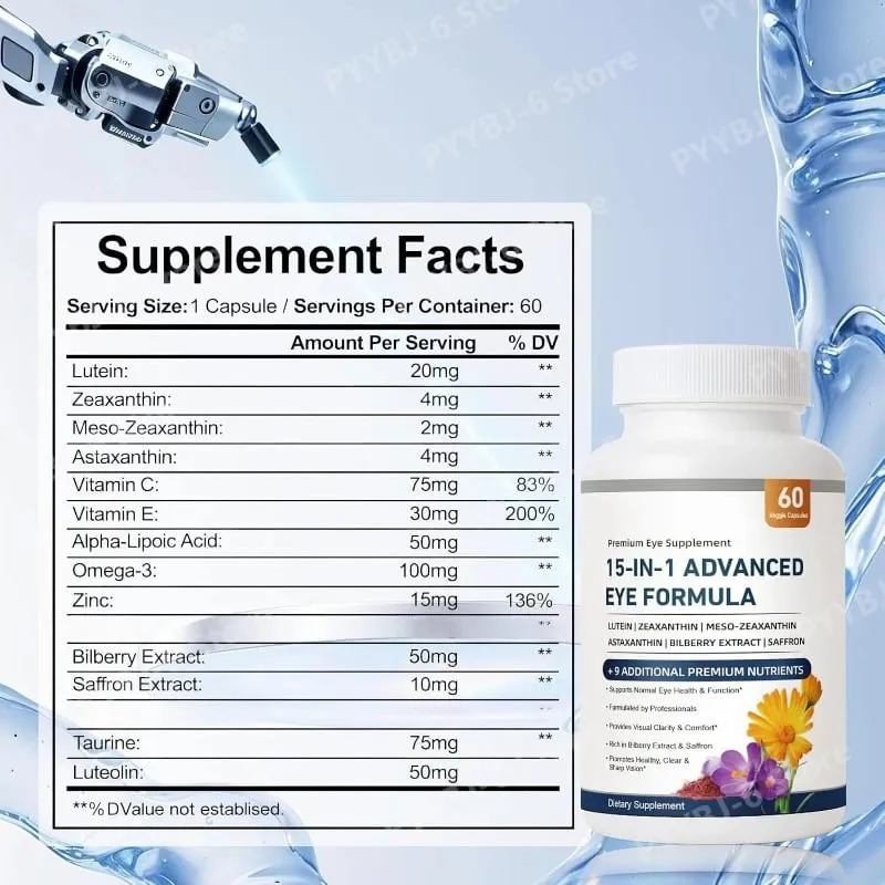 15 in 1 Advanced Eye Formula Lutein Zeaxanthin Bilberry Extract Vitamin C & E Supports Eye Health 60 Veggie Capsules for adult
