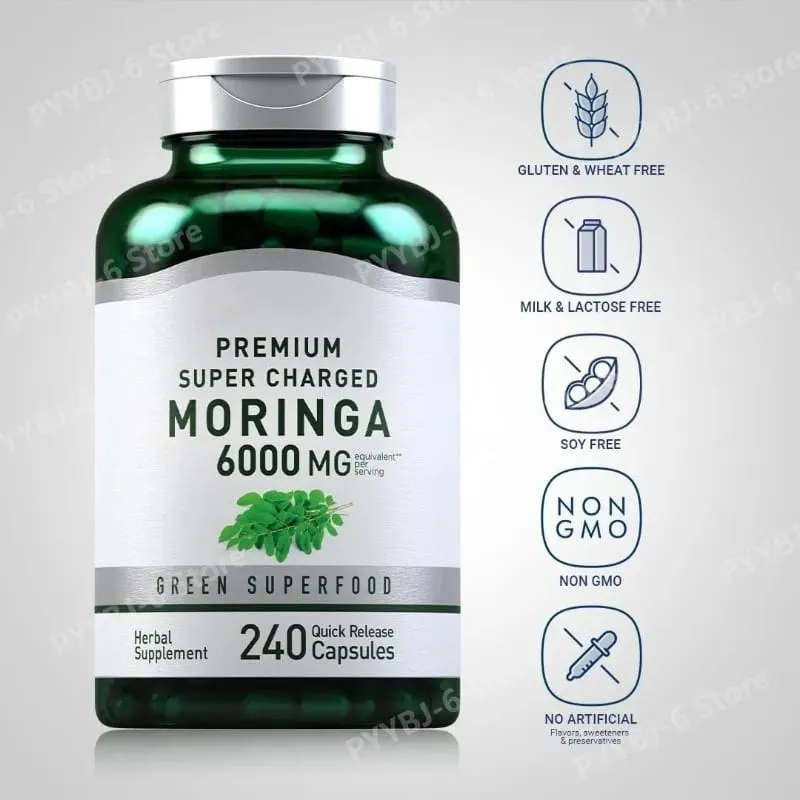 Moringa Oleifera Supplement 6000mg Concentrated Leaf Extract Supports Overall Health & Wellness Non-GMO 240 Capsules for adult