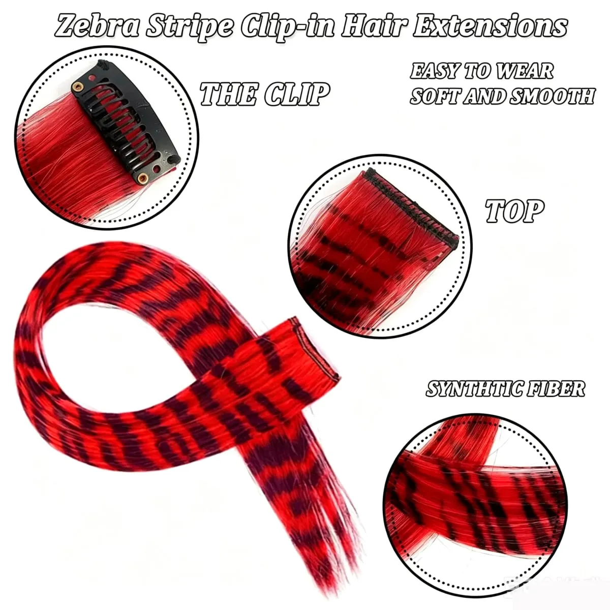 10pcs/set Stripe Printed Hair Colorful Long Straight Hair Pieces Synthetic Clip-in Hair Extensions for Daily Use Party Christmas