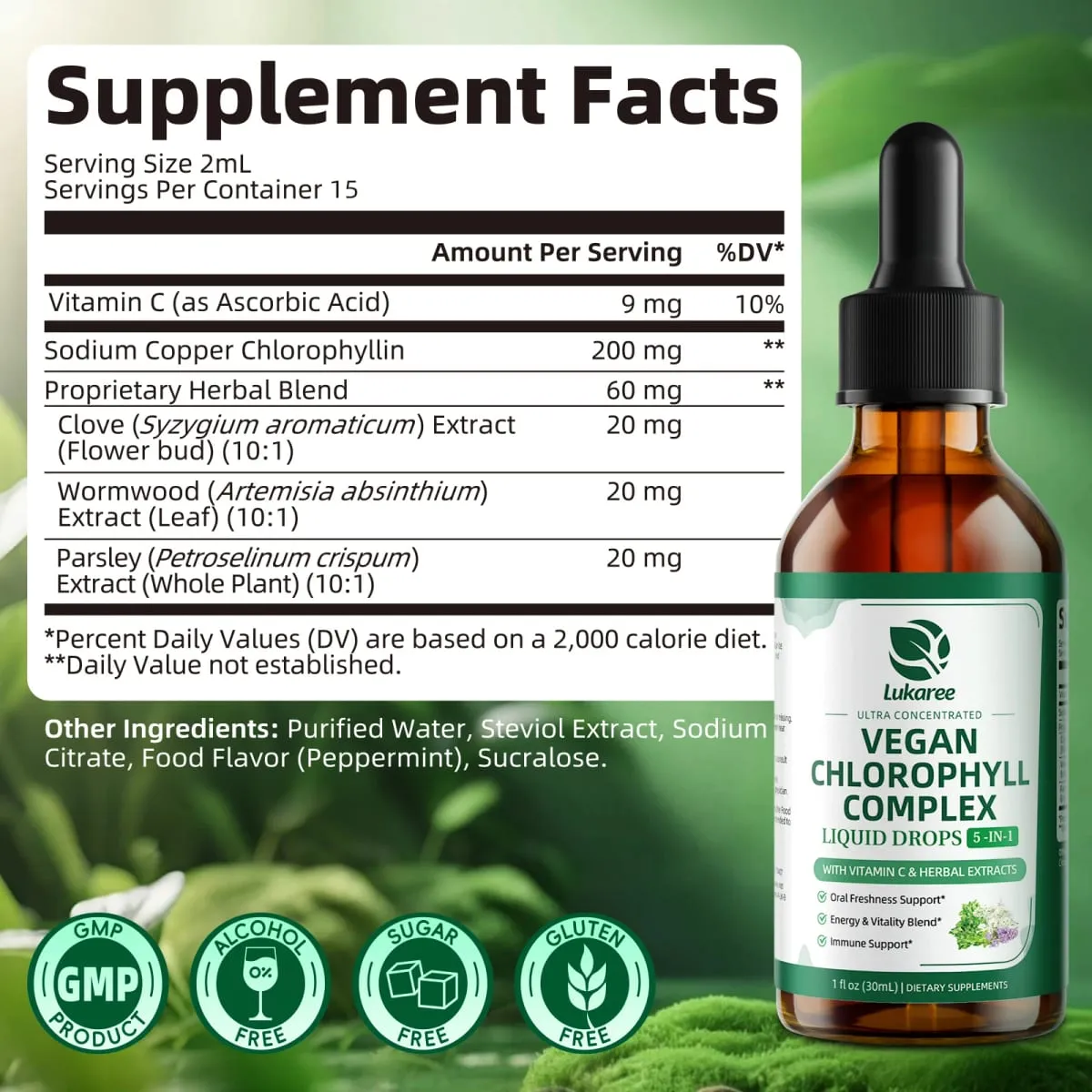 Lukaree 30ML Chlorophyll Liquid Drops Supports Natural Cleansing & Immune Internal Deodorant Skin & Gut Health Vegan Sugar-Free
