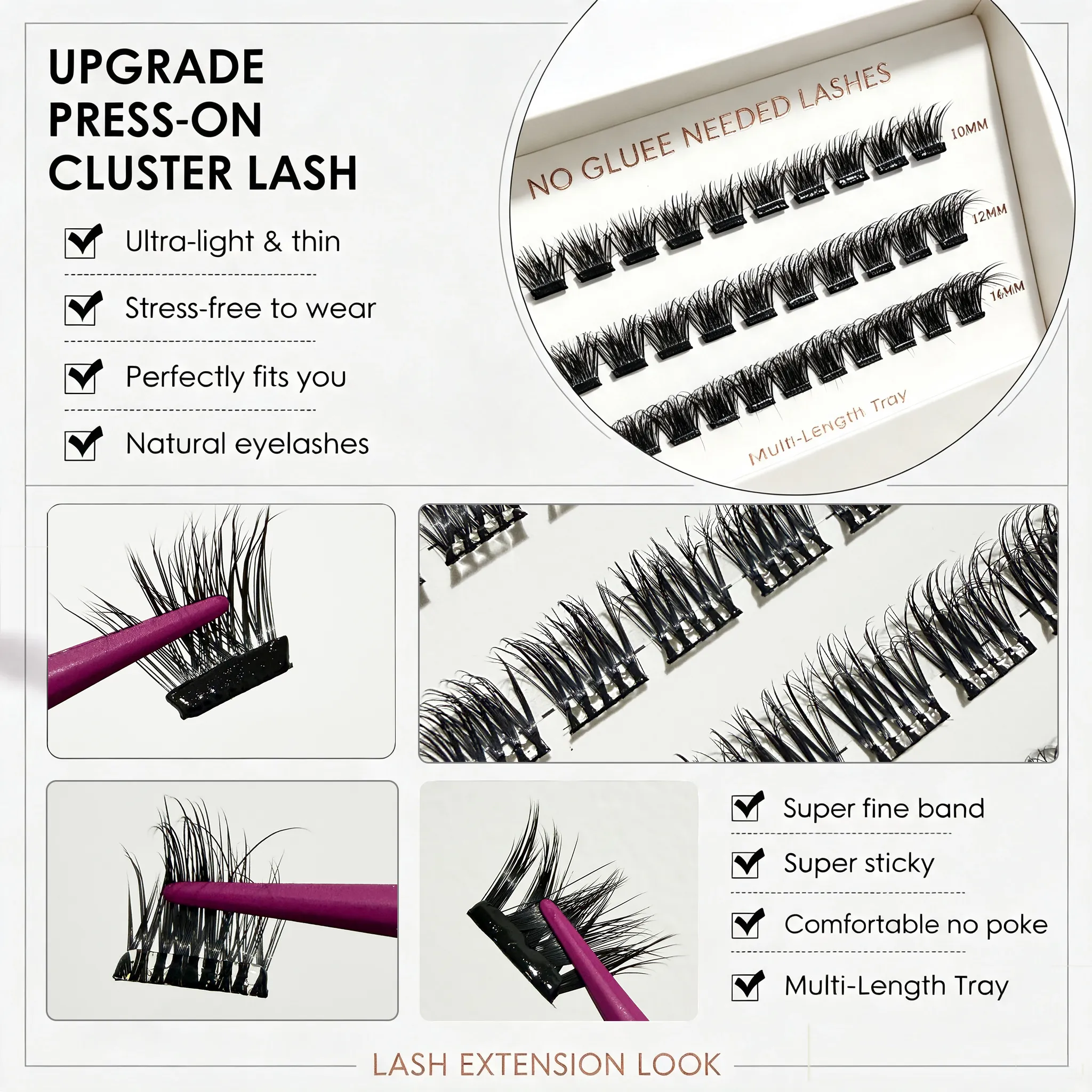 Self Adhesive Cluster Lashes Wide Pre‑glued Tap Natural DIY Eyelash Extension No Glue Need Eyelashes Press On Manga Lashes