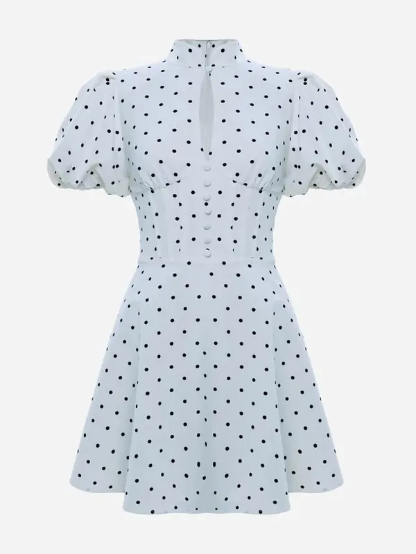 Retro Polka Dot Mini A-line Dress Women Elegant Stand Collar Puff Short Sleeve Waist-cinching Dresses Lady Party Robe 2026 New