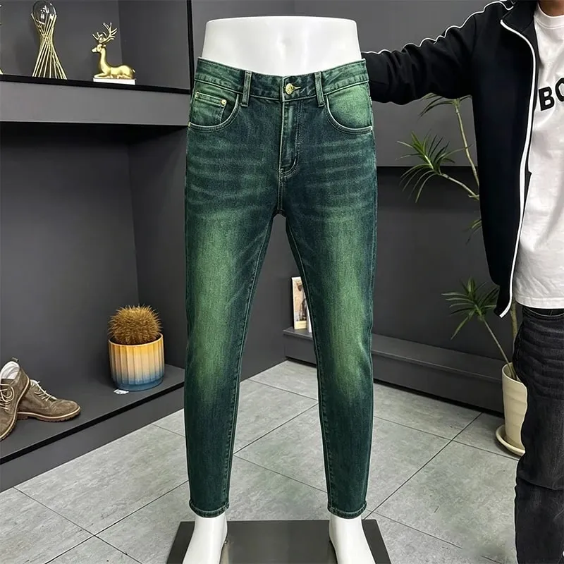 Men's Green Water Ghost Jeans Slim Fit Small Feet High Quality Gradient Color Daily Casual Youth Suitable for All Seasons