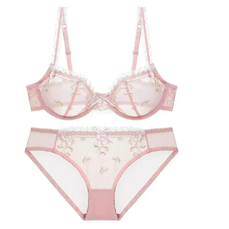 Women White French Lace Underwear Set Floral Embroidery Mesh Push‑Up Bra Kit Plus Size Soft Comfort Intimate Outfit