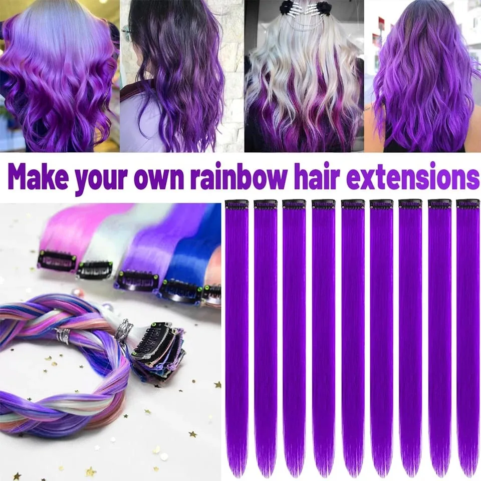 5PC/22 inch Color Hair Extensions Highlights Clip in Synthetic Hair Purple Hairpieces for Women Kids Halloween Cosplay Gift
