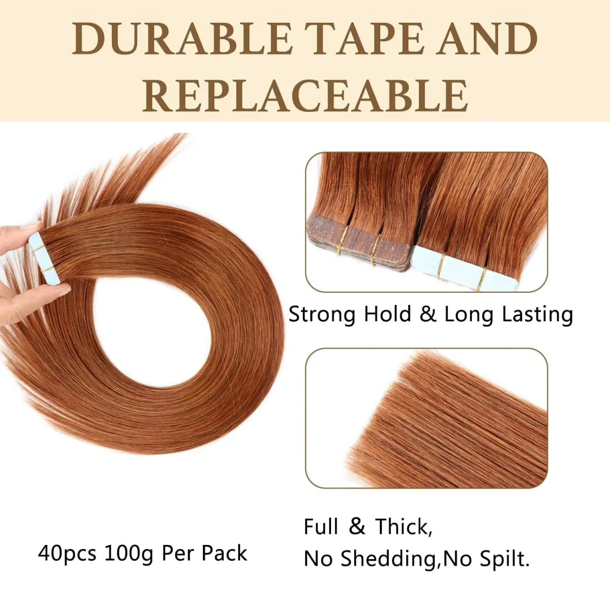 #30 Medium Auburn 40pc 100g Seamless Remy Tape in Human Hair Extensions Natural Straight PU Skin Weft Real Virgin Human Hair