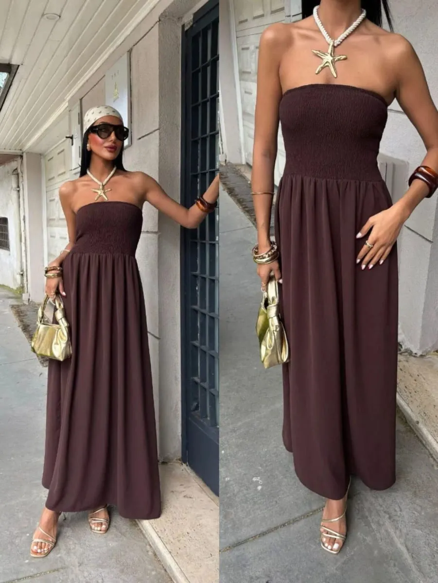 2026 New Summer Fashion Solid Color Off-Shoulder Strapless Waist-Cinching Long Dress for Women