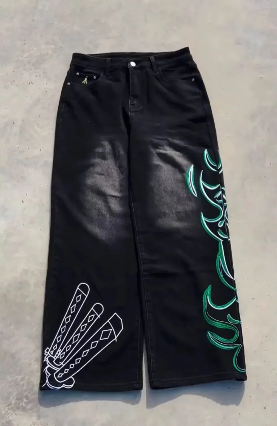Vintage Japanese Cartoon Embroidery Men Hip Hop Jeans Y2k Retro Baggy Straight Denim Pants Streetwear Gothic Rock Work Jeans