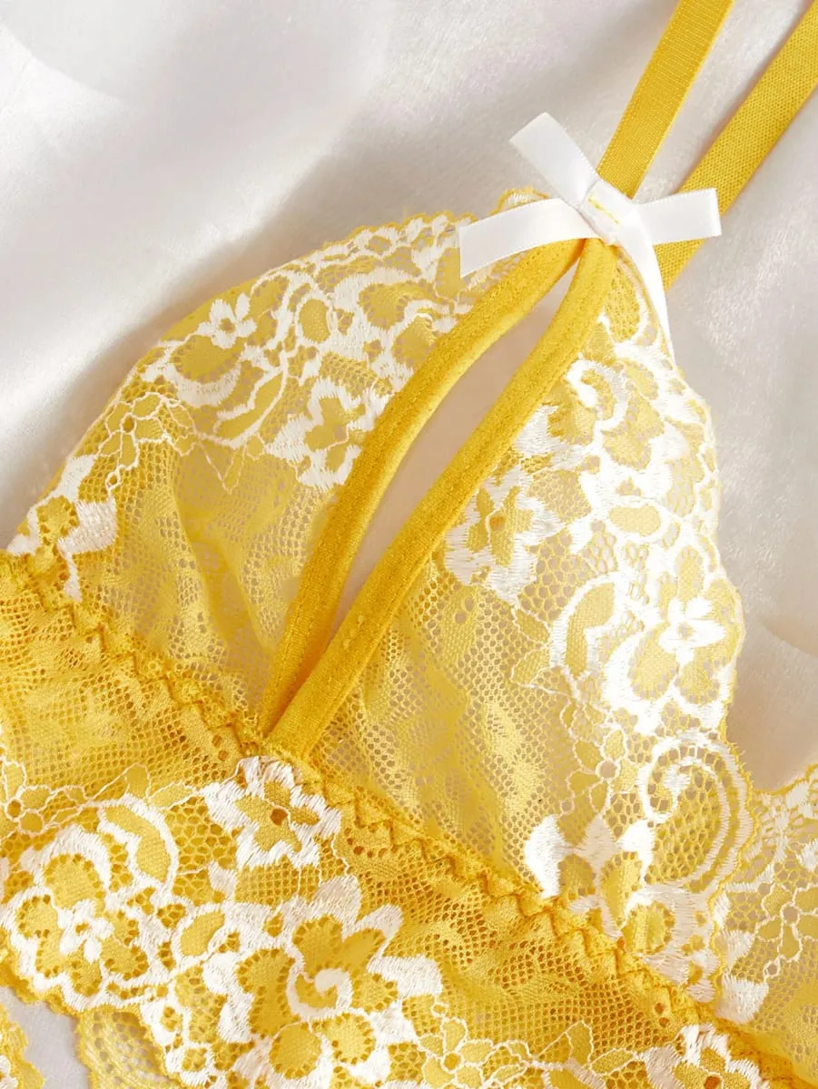Sexy Lingerie Set Women Lace Bra And Panty See Through Floral Embroidery Bralette Transparent Erotic Underwear Bow Nightwear