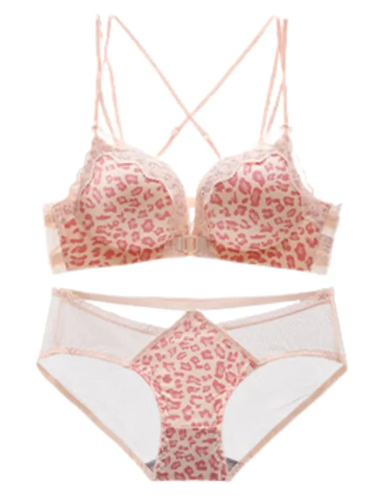 Comfortable Leopard Print Front Fastening Bra Set for Women Backless Small Chest Enhancing Hot Sale Lingerie