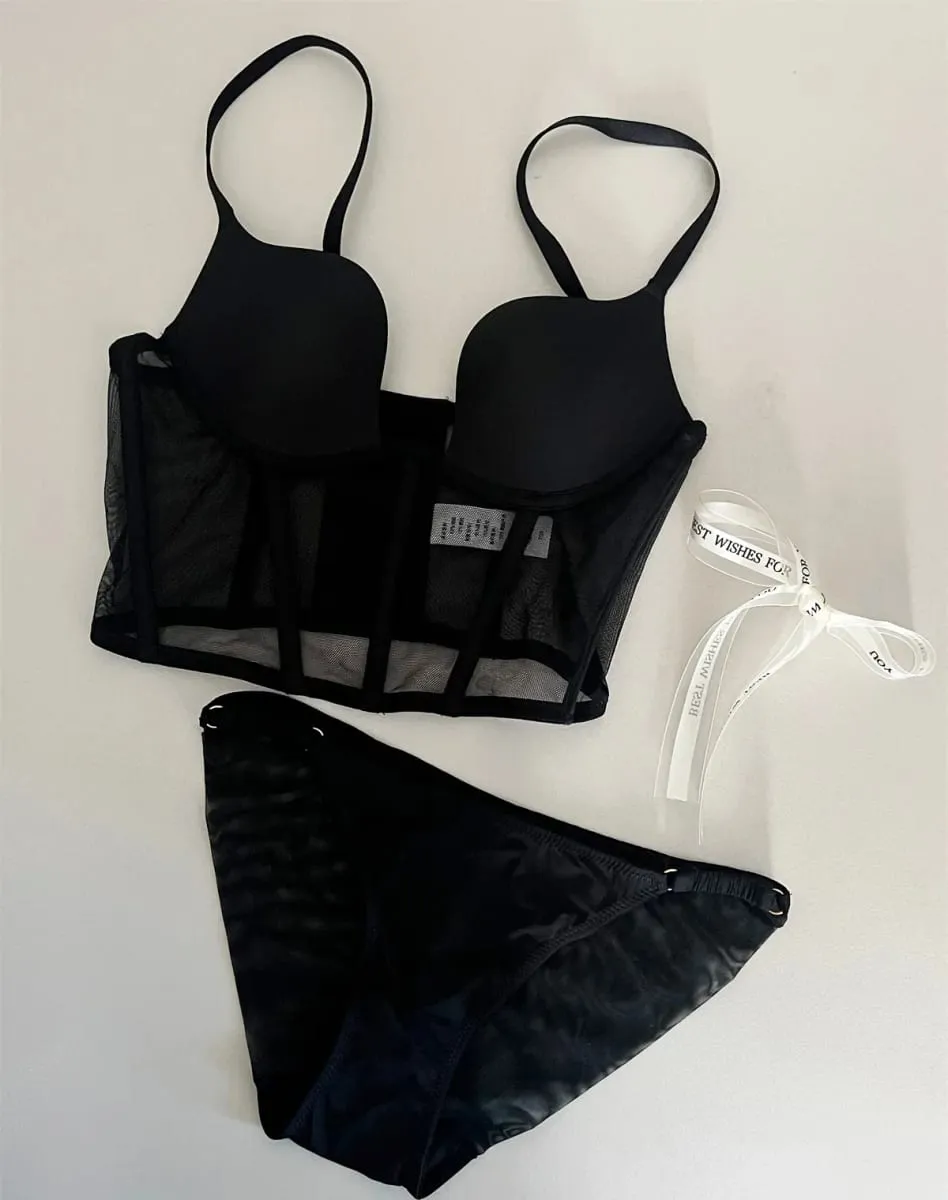 Sexy black fishbone bra underwear with steel ring top support lingerie bra set gathering women large size bralette