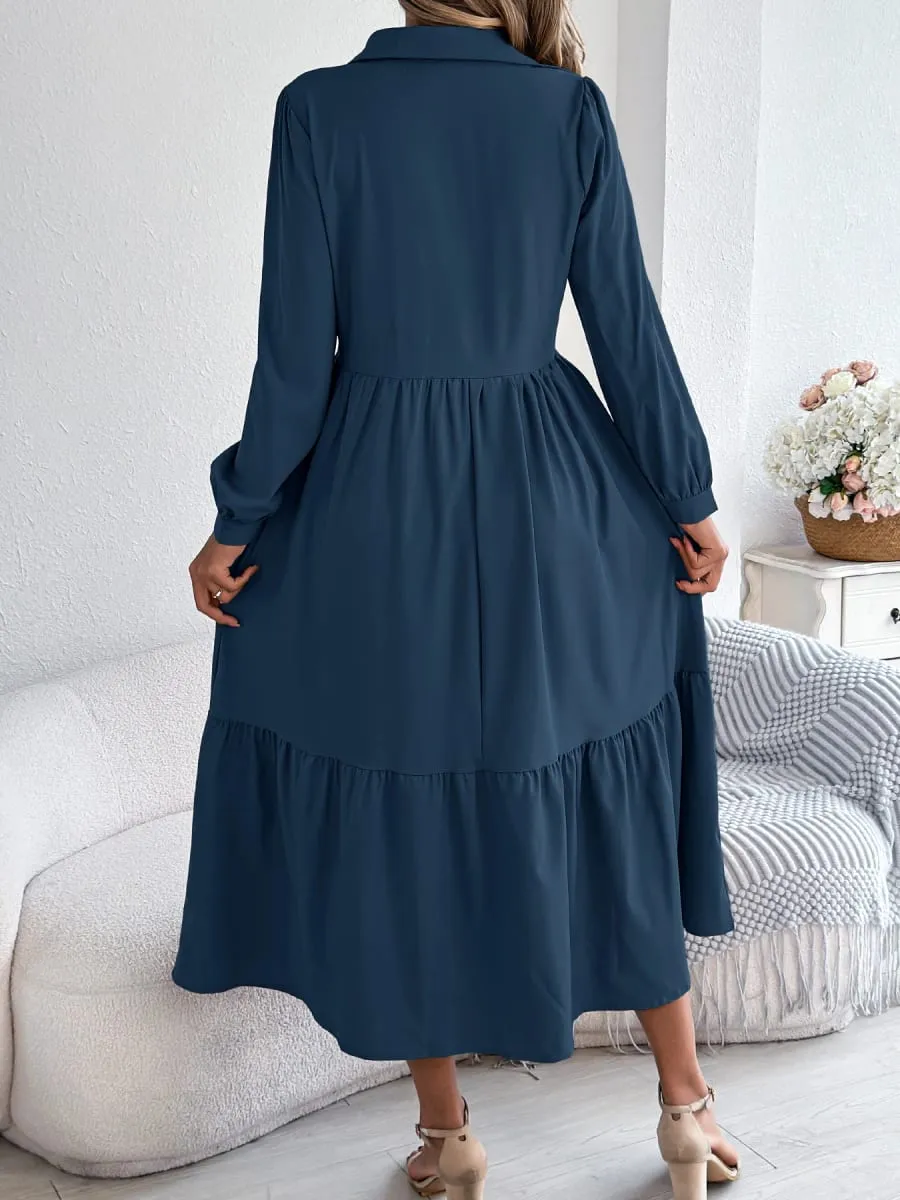 Women Fall Elegance Lapel Collar Button Front Shirt Dress Ruffle Trim Solid Midi Long Sleeve Wedding Dresses
